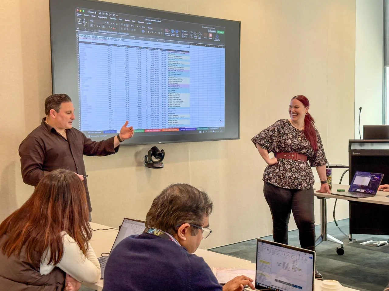 Justin Kabbani and Jodee Bibaeff co-presenting an AI Mastery session in a client boardroom